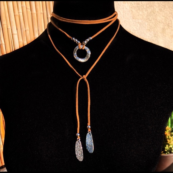 BOHO Tan Suede Silver Bead Multi-Layer Choker Wrap - Picture 2 of 8